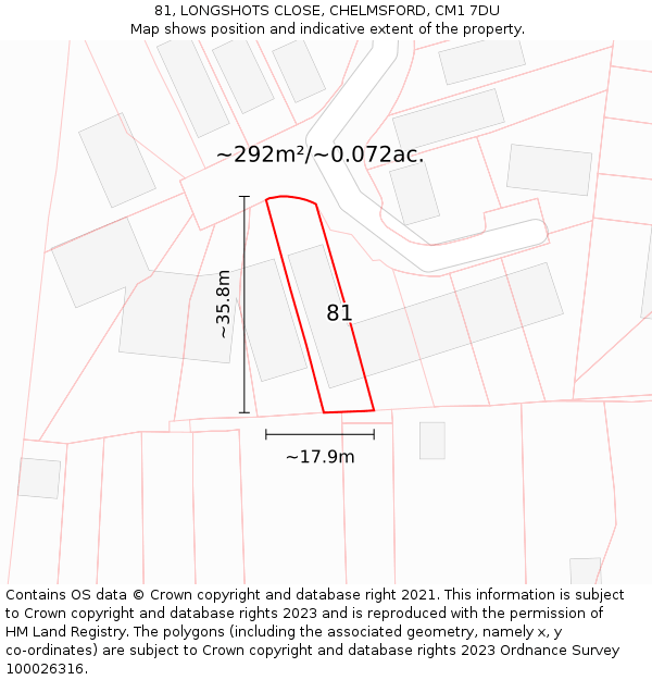 81, LONGSHOTS CLOSE, CHELMSFORD, CM1 7DU: Plot and title map