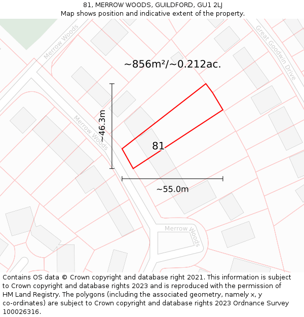 81, MERROW WOODS, GUILDFORD, GU1 2LJ: Plot and title map