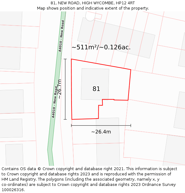 81, NEW ROAD, HIGH WYCOMBE, HP12 4RT: Plot and title map