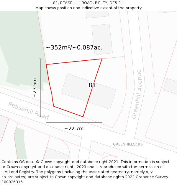 81, PEASEHILL ROAD, RIPLEY, DE5 3JH: Plot and title map