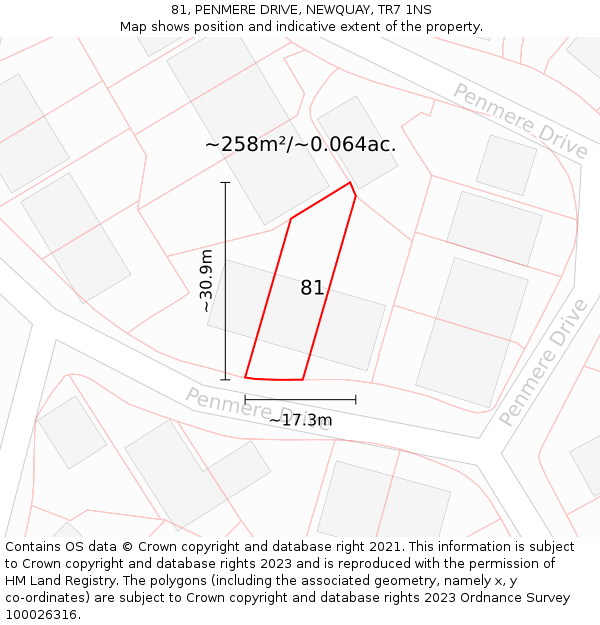 81, PENMERE DRIVE, NEWQUAY, TR7 1NS: Plot and title map