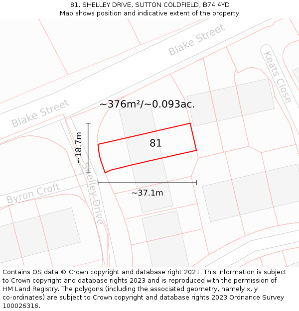 81, SHELLEY DRIVE, SUTTON COLDFIELD, B74 4YD: Plot and title map