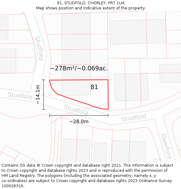 81, STUDFOLD, CHORLEY, PR7 1UA: Plot and title map