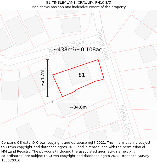 81, TINSLEY LANE, CRAWLEY, RH10 8AT: Plot and title map