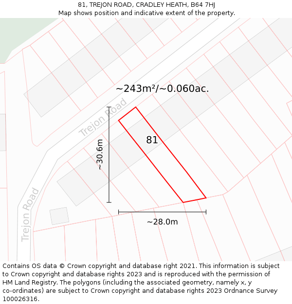 81, TREJON ROAD, CRADLEY HEATH, B64 7HJ: Plot and title map