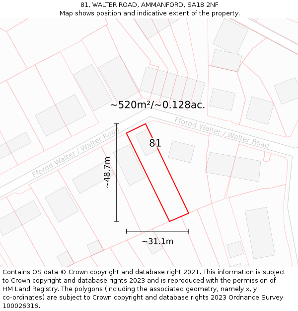 81, WALTER ROAD, AMMANFORD, SA18 2NF: Plot and title map