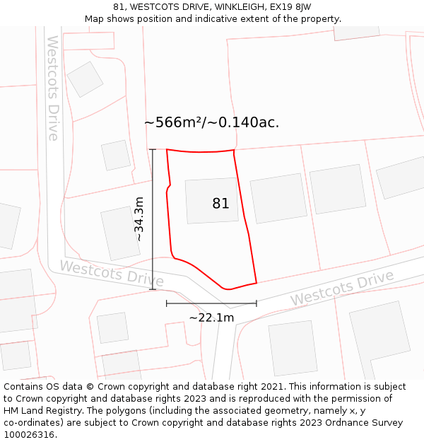 81, WESTCOTS DRIVE, WINKLEIGH, EX19 8JW: Plot and title map