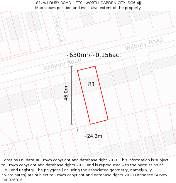 81, WILBURY ROAD, LETCHWORTH GARDEN CITY, SG6 4JJ: Plot and title map