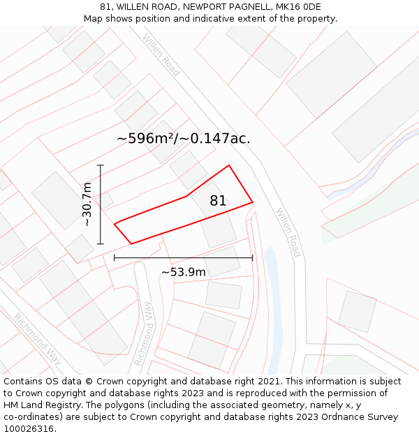 81, WILLEN ROAD, NEWPORT PAGNELL, MK16 0DE: Plot and title map