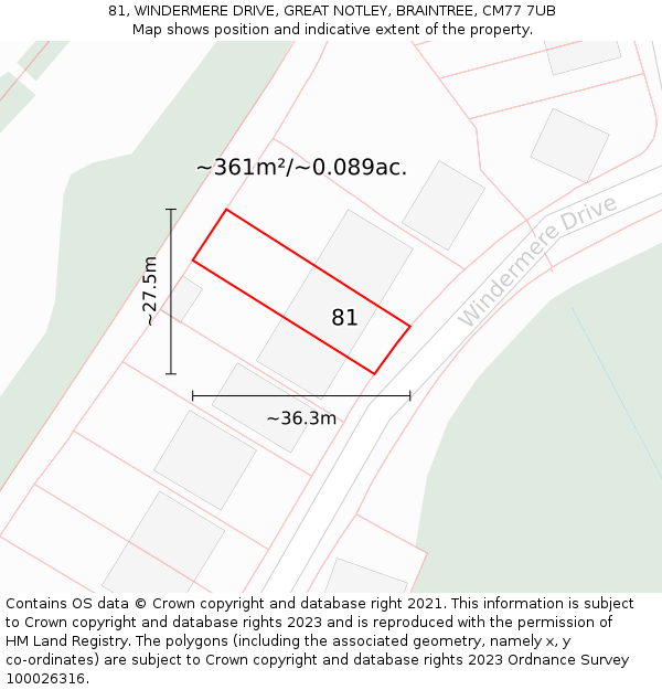 81, WINDERMERE DRIVE, GREAT NOTLEY, BRAINTREE, CM77 7UB: Plot and title map