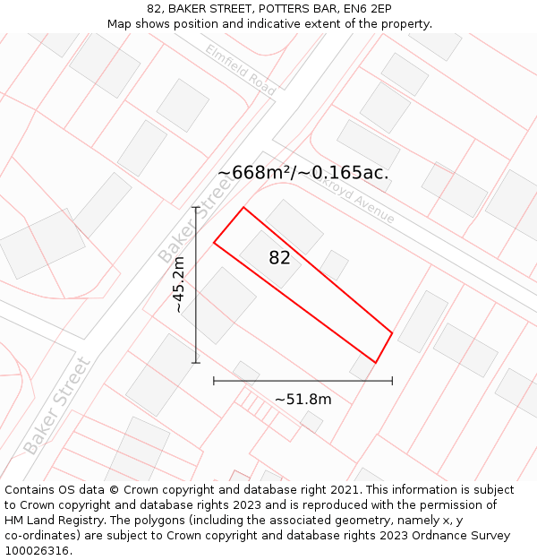 82, BAKER STREET, POTTERS BAR, EN6 2EP: Plot and title map