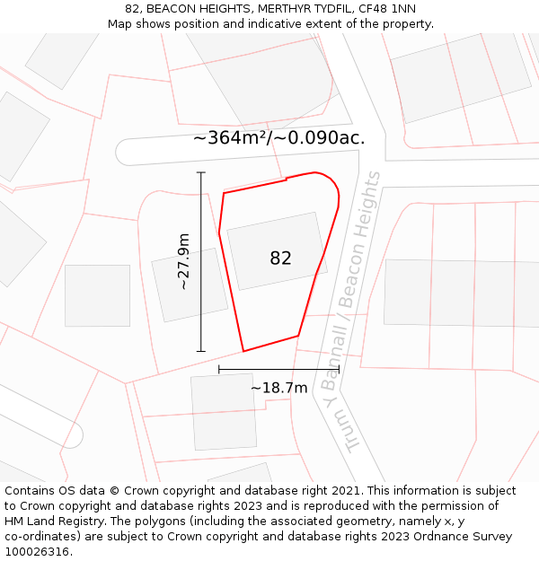 82, BEACON HEIGHTS, MERTHYR TYDFIL, CF48 1NN: Plot and title map