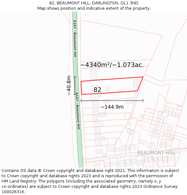 82, BEAUMONT HILL, DARLINGTON, DL1 3ND: Plot and title map