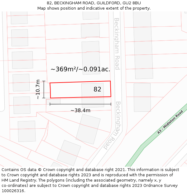 82, BECKINGHAM ROAD, GUILDFORD, GU2 8BU: Plot and title map