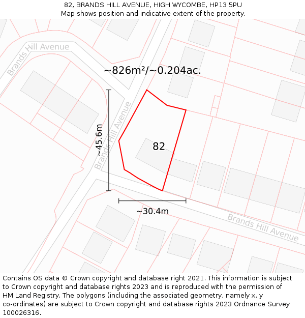 82, BRANDS HILL AVENUE, HIGH WYCOMBE, HP13 5PU: Plot and title map