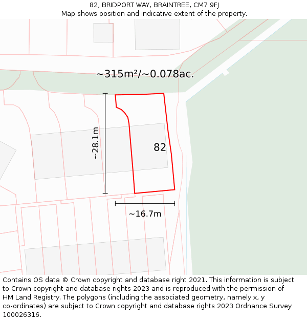 82, BRIDPORT WAY, BRAINTREE, CM7 9FJ: Plot and title map