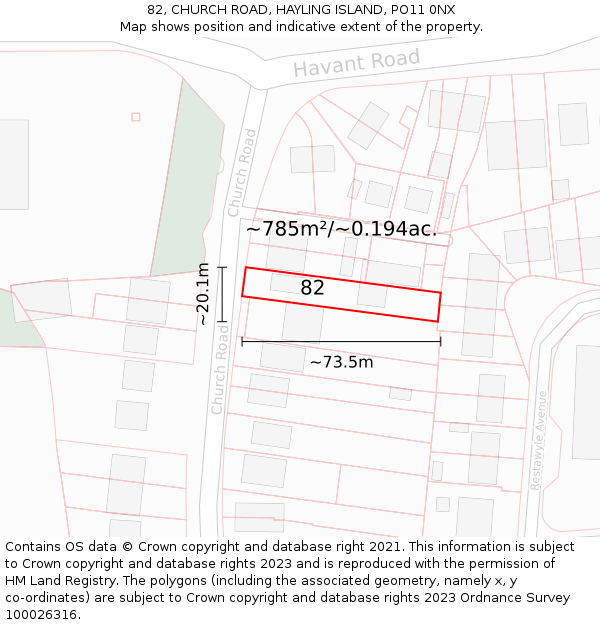 82, CHURCH ROAD, HAYLING ISLAND, PO11 0NX: Plot and title map