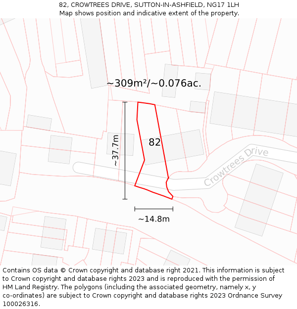 82, CROWTREES DRIVE, SUTTON-IN-ASHFIELD, NG17 1LH: Plot and title map