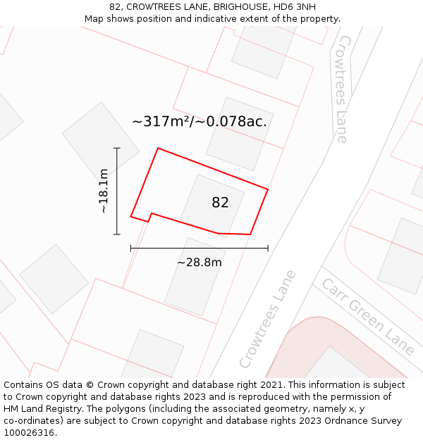 82, CROWTREES LANE, BRIGHOUSE, HD6 3NH: Plot and title map