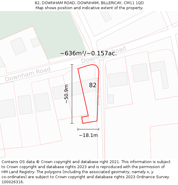 82, DOWNHAM ROAD, DOWNHAM, BILLERICAY, CM11 1QD: Plot and title map