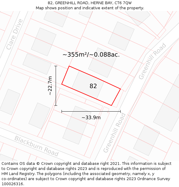 82, GREENHILL ROAD, HERNE BAY, CT6 7QW: Plot and title map