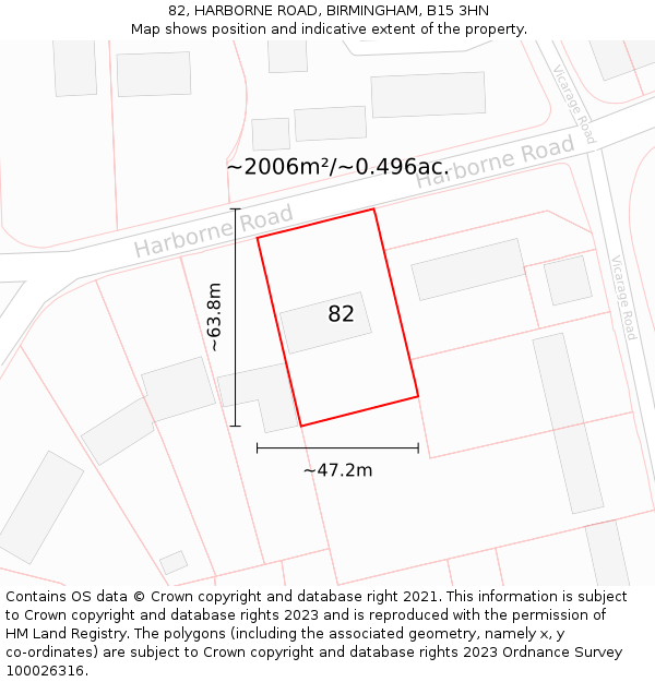 82, HARBORNE ROAD, BIRMINGHAM, B15 3HN: Plot and title map