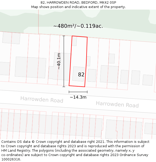 82, HARROWDEN ROAD, BEDFORD, MK42 0SP: Plot and title map