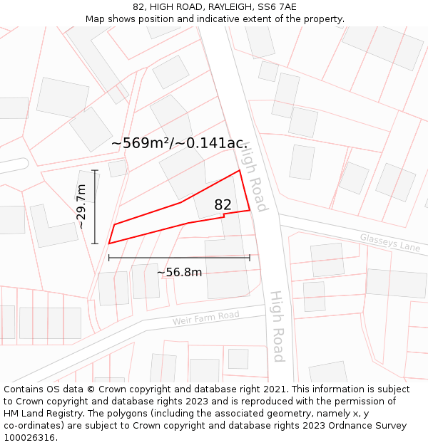 82, HIGH ROAD, RAYLEIGH, SS6 7AE: Plot and title map