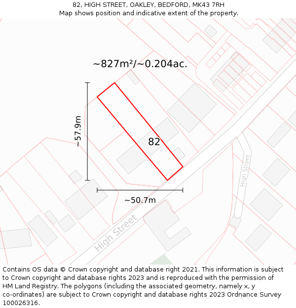 82, HIGH STREET, OAKLEY, BEDFORD, MK43 7RH: Plot and title map