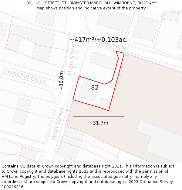 82, HIGH STREET, STURMINSTER MARSHALL, WIMBORNE, BH21 4AY: Plot and title map