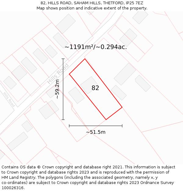 82, HILLS ROAD, SAHAM HILLS, THETFORD, IP25 7EZ: Plot and title map