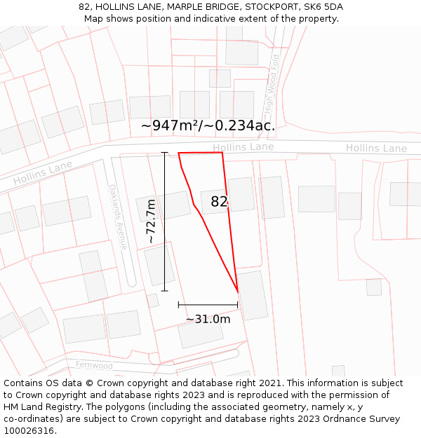 82, HOLLINS LANE, MARPLE BRIDGE, STOCKPORT, SK6 5DA: Plot and title map