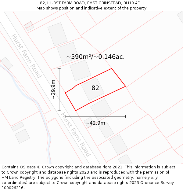 82, HURST FARM ROAD, EAST GRINSTEAD, RH19 4DH: Plot and title map