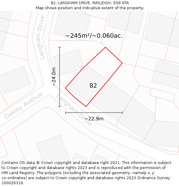 82, LANGHAM DRIVE, RAYLEIGH, SS6 9TA: Plot and title map