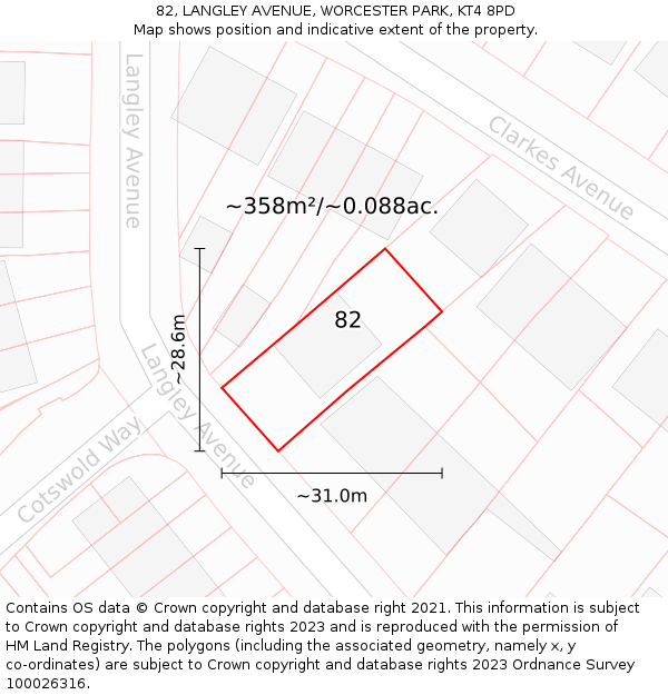 82, LANGLEY AVENUE, WORCESTER PARK, KT4 8PD: Plot and title map