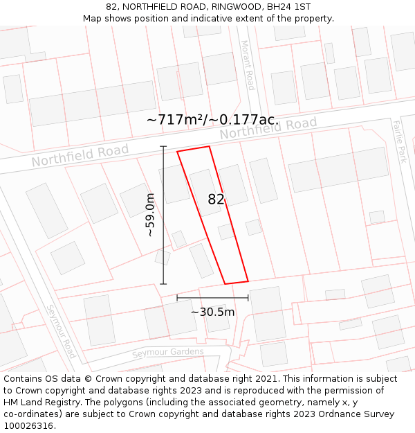 82, NORTHFIELD ROAD, RINGWOOD, BH24 1ST: Plot and title map