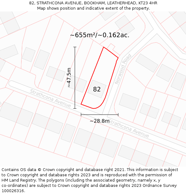 82, STRATHCONA AVENUE, BOOKHAM, LEATHERHEAD, KT23 4HR: Plot and title map