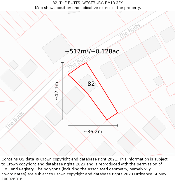 82, THE BUTTS, WESTBURY, BA13 3EY: Plot and title map