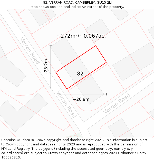 82, VERRAN ROAD, CAMBERLEY, GU15 2LJ: Plot and title map