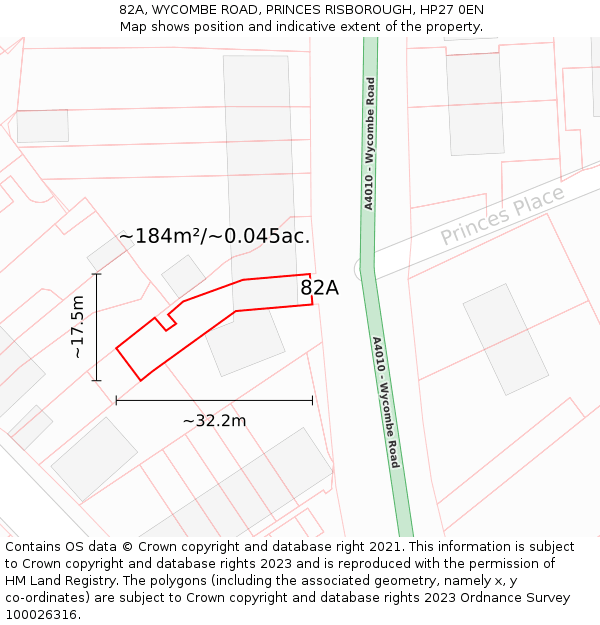 82A, WYCOMBE ROAD, PRINCES RISBOROUGH, HP27 0EN: Plot and title map