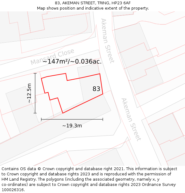 83, AKEMAN STREET, TRING, HP23 6AF: Plot and title map