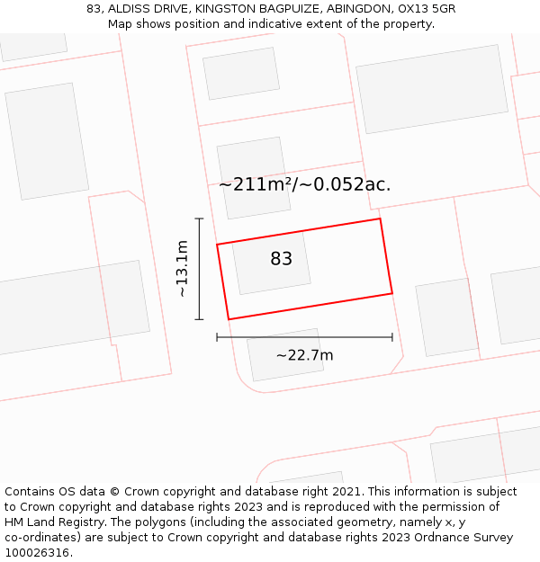 83, ALDISS DRIVE, KINGSTON BAGPUIZE, ABINGDON, OX13 5GR: Plot and title map