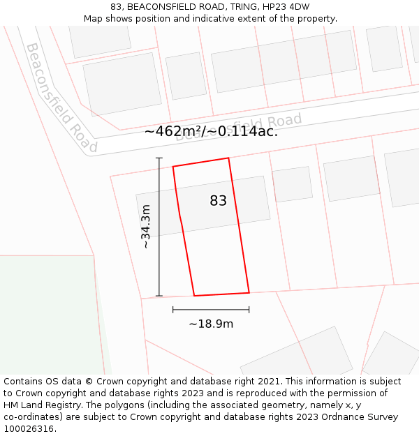 83, BEACONSFIELD ROAD, TRING, HP23 4DW: Plot and title map