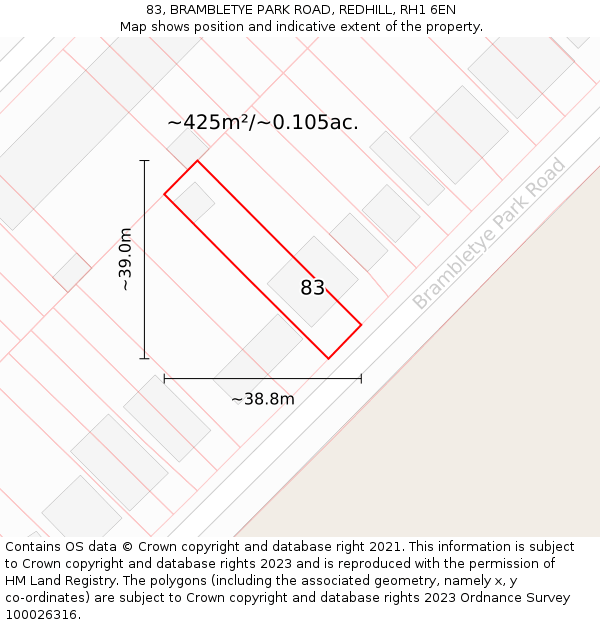 83, BRAMBLETYE PARK ROAD, REDHILL, RH1 6EN: Plot and title map