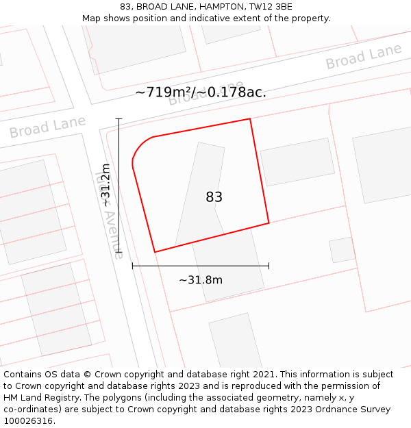 83, BROAD LANE, HAMPTON, TW12 3BE: Plot and title map