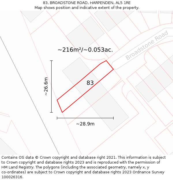 83, BROADSTONE ROAD, HARPENDEN, AL5 1RE: Plot and title map