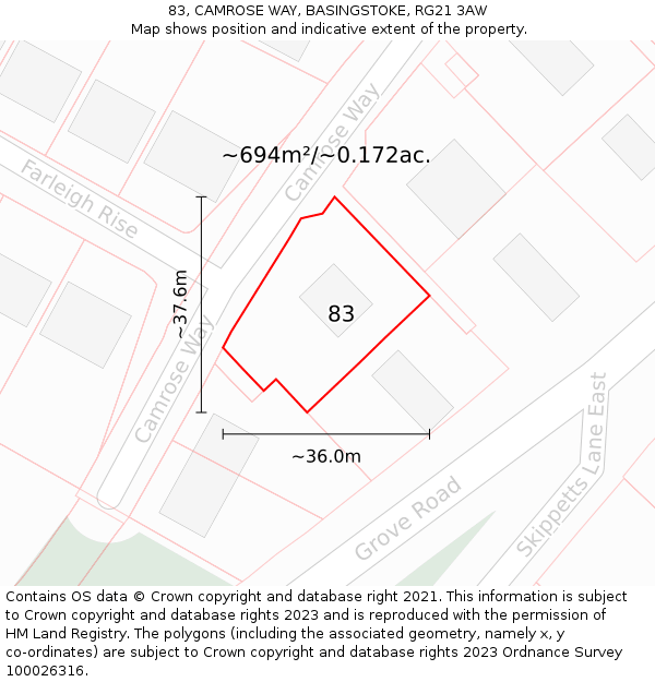 83, CAMROSE WAY, BASINGSTOKE, RG21 3AW: Plot and title map