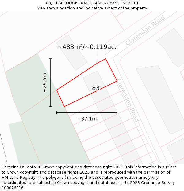 83, CLARENDON ROAD, SEVENOAKS, TN13 1ET: Plot and title map