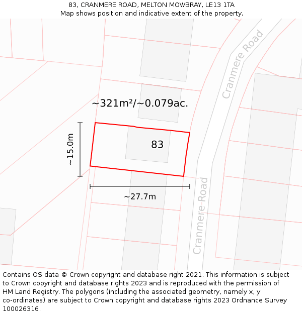 83, CRANMERE ROAD, MELTON MOWBRAY, LE13 1TA: Plot and title map