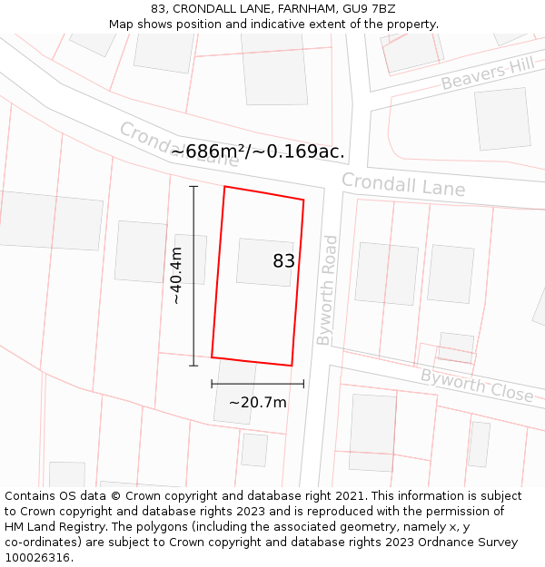 83, CRONDALL LANE, FARNHAM, GU9 7BZ: Plot and title map